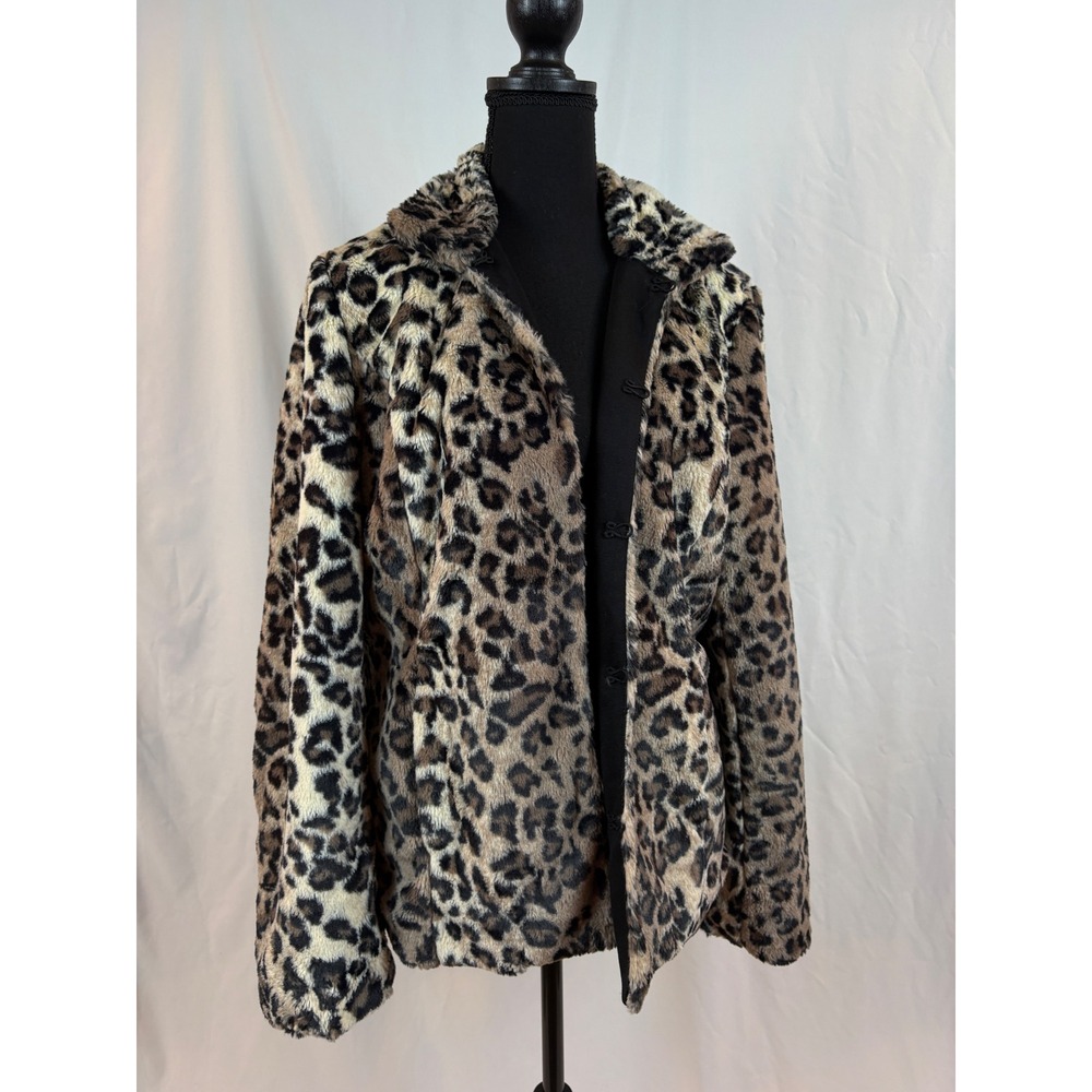 JM Collection Leopard Print Faux Fur Jacket Womens Medium Brown Black Collared - Picture 4 of 11